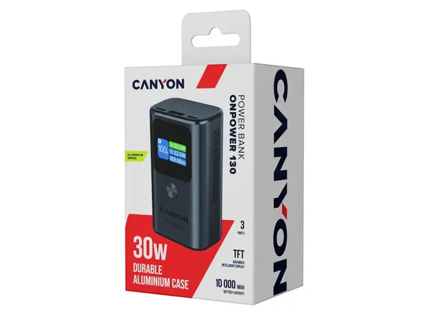 Power Bank CANYON OnPower 130 CNS-CPB130DG 10000mAh PD30W, TFT Display, 2x USB-C + USB-A, Dark Grey, 5 image