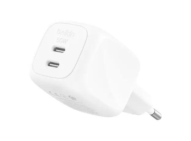 Adapter Belkin BoostCharge Pro 50W Dual USB-C GaN Wall Charger with PPS WCH019kqWH, White