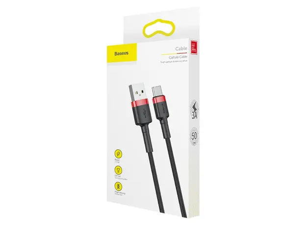 Cable Baseus Cafule USB-A to Type-C 3A 0.5m CATKLF-A91, Black/Red, 6 image