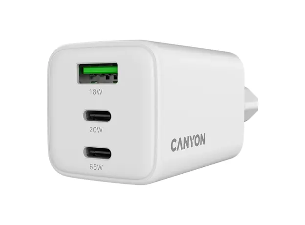 Wall Charger CANYON CU65ACC CNS-CUW65ACC, GaN 65W, 2x USB-C PD + 1x USB-A QC, EU, White, 3 image