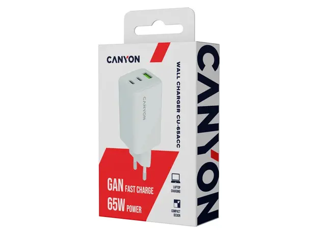 Wall Charger CANYON CU65ACC CNS-CUW65ACC, GaN 65W, 2x USB-C PD + 1x USB-A QC, EU, White, 5 image
