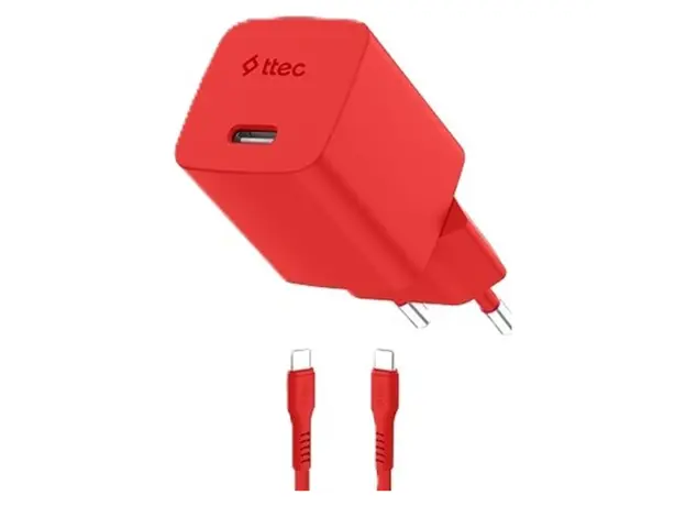 Charger Ttec 2SCG20CNK SmartCharger GaN 20W PD, USB-C + USB-C to USB-C 60W cable, 120 cm, Neon Red