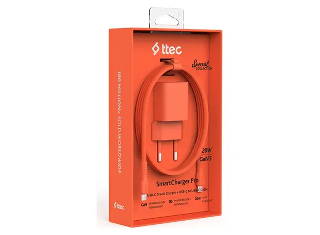 Charger Ttec 2SCG20CNT SmartCharger GaN 20W PD, USB-C + USB-C to USB-C 60W cable, 120 cm, Neon Orange, 6 image