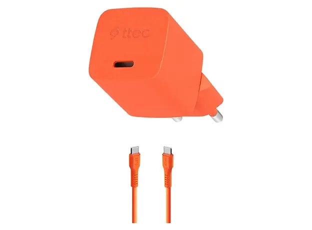 Charger Ttec 2SCG20CNT SmartCharger GaN 20W PD, USB-C + USB-C to USB-C 60W cable, 120 cm, Neon Orange
