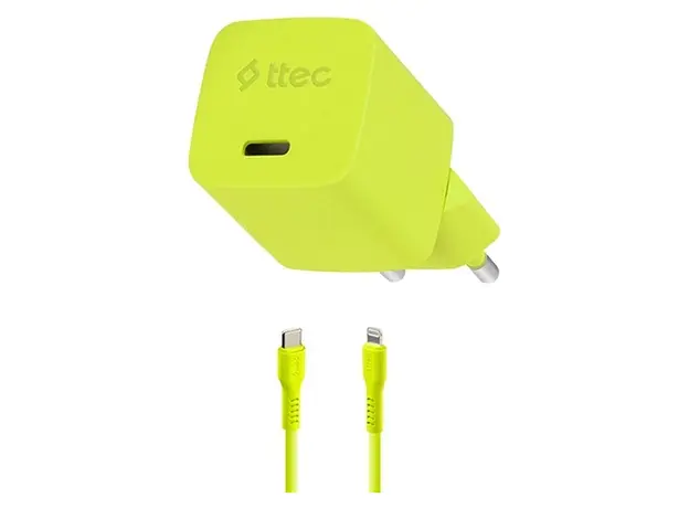 Charger Ttec 2SCG20LNS SmartCharger GaN 20W PD, USB-C + USB-C to Lightning cable, 120 cm, Neon Yellow