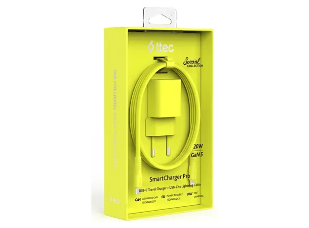 Charger Ttec 2SCG20LNS SmartCharger GaN 20W PD, USB-C + USB-C to Lightning cable, 120 cm, Neon Yellow, 6 image