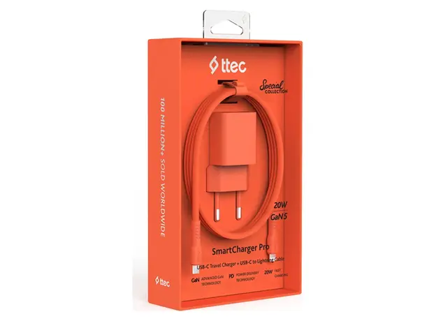 Charger Ttec 2SCG20LNT SmartCharger GaN 20W PD, USB-C + USB-C to Lightning cable, 120 cm, Neon Orange, 6 image