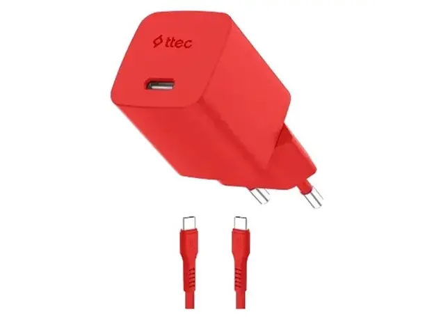 Charger Ttec 2SCG45CNK SmartCharger GaN 45W PD AVS, USB-C + USB-C to USB-C 60W cable, Neon Red