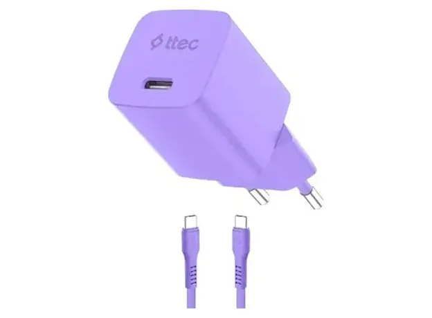 Charger Ttec 2SCG45CNMR SmartCharger GaN 45W PD AVS, USB-C + USB-C to USB-C 60W cable, Neon Purple
