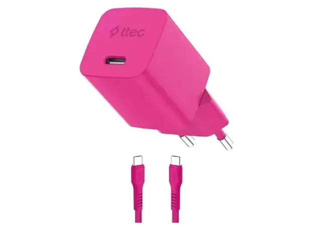 Charger Ttec 2SCG45CNP SmartCharger GaN 45W PD AVS, USB-C + USB-C to USB-C 60W cable, Neon Pink