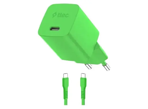 Charger Ttec 2SCG45CNY SmartCharger GaN 45W PD AVS, USB-C + USB-C to USB-C 60W cable, Neon Green