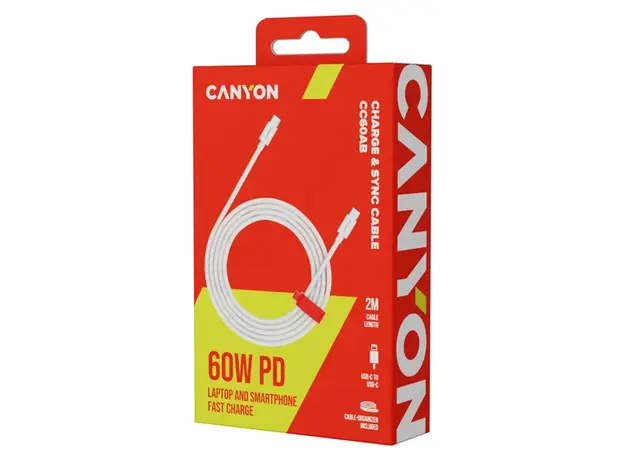 USB Cable CANYON CND-CC60AB20W CC60AB USB-C to USB-C 60W Braided 2m White, 2 image