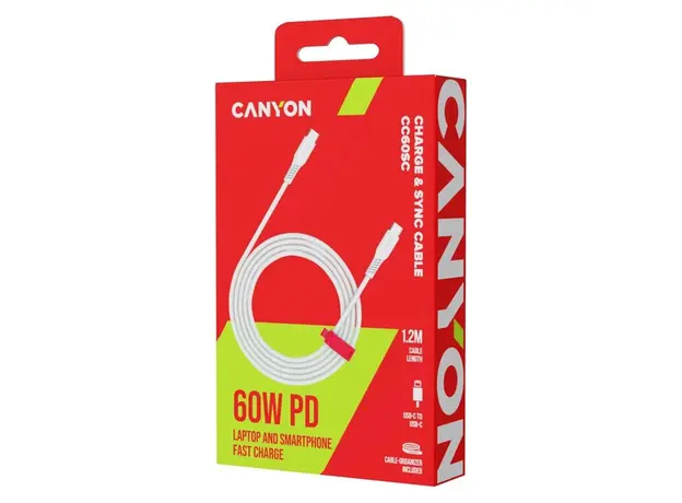 USB Cable CANYON CNS-CC60SC12W CC60SC USB-C to USB-C 60W 1.2m White, 2 image