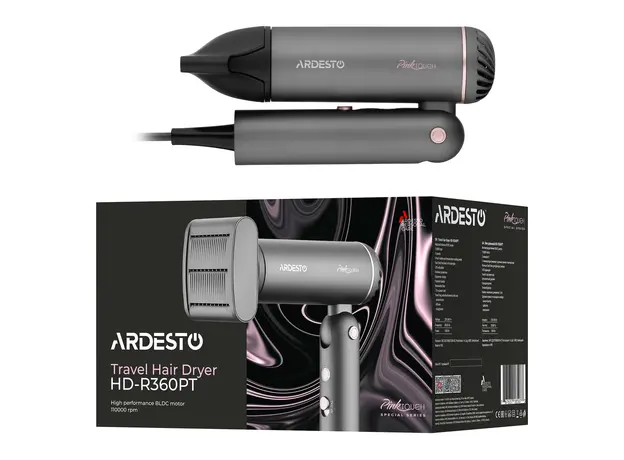 Hair Dryer ARDESTO HD-R360PT Pink Touch, 1300W, BLDC Motor, 2 Speeds, 3 Heat Settings, Foldable Handle, Gray/Pink, 7 image
