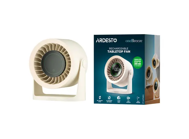 Fan ARDESTO FT-M75BG OneBreeze, 5W, Desktop/Wall-Mounted, 12 cm, 3600 mAh Battery, Touch Control, Display, USB-C, Beige, 7 image