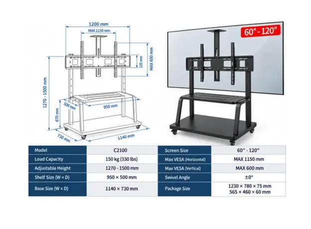TV mount Allscreen C2100, 40"-75", TV Mount With Roller, Black, 7 image