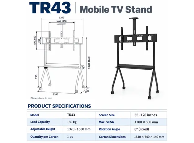 AllScreen TR43 TV Mount, 55"-120", With Roller, Black, 4 image