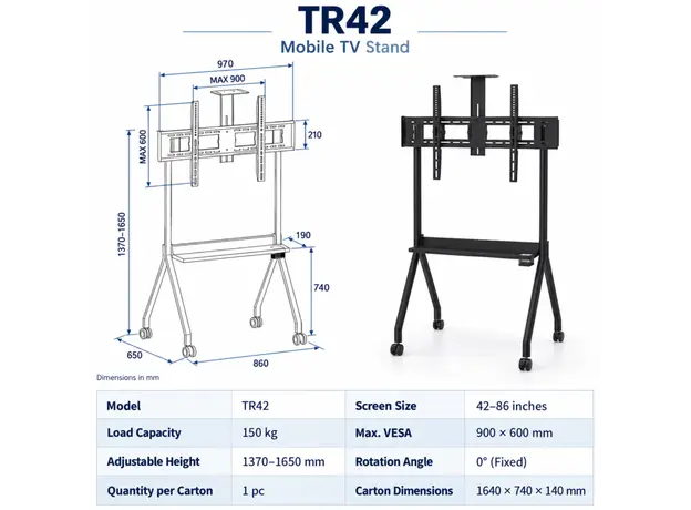 TV mount AllScreen TR42, 42"-86", TV Mount With Roller, Black, 3 image