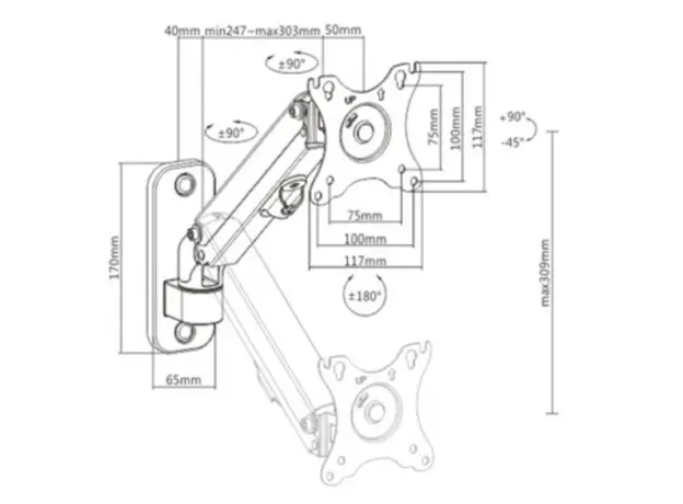 Monitor bracket Gembird MA-WA1-01 Adjustable wall display mounting arm 17" - 27", 2 image