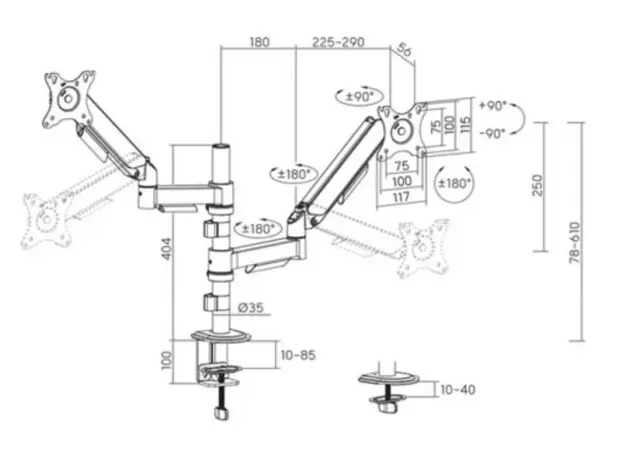 Monitor mount Gembird MA-DA2P-02 Adjustable desk 2-display Mounting Arm 17"-32" Black, 4 image